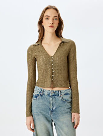 Polo Yaka Düğmeli Ajurlu Uzun Kollu Tişört