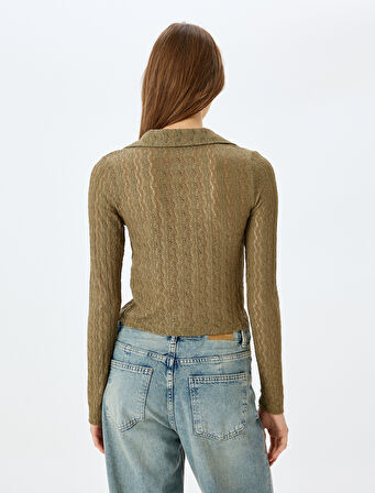 Polo Yaka Düğmeli Ajurlu Uzun Kollu Tişört