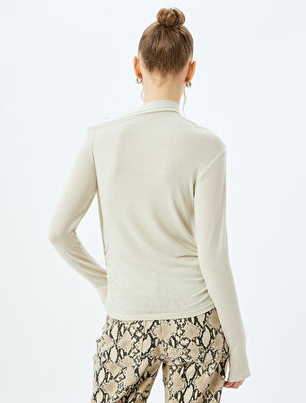 Uzun Kollu Asimetrik Yaka Bağlama Detaylı Slim Fit Tişört