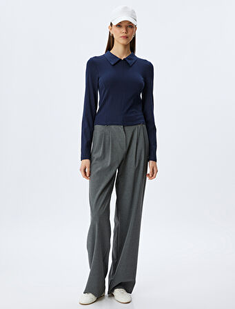 Polo Yaka Fermuarlı Dikiş Detaylı Slim Fit Uzun Kollu Tişört