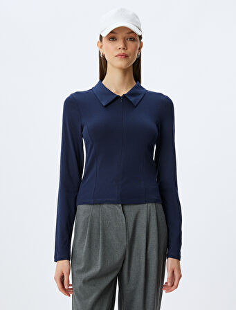 Polo Yaka Fermuarlı Dikiş Detaylı Slim Fit Uzun Kollu Tişört