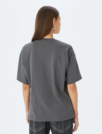 Bisiklet Yaka Slogan Baskılı Oversize Kısa Kollu Pamuklu Tişört