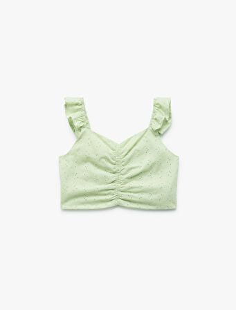 Pamuklu V Yaka Büzgü Detaylı Brodeli Fırfırlı Kolsuz Crop Bluz