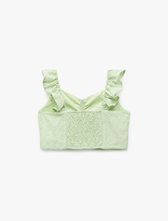 Pamuklu V Yaka Büzgü Detaylı Brodeli Fırfırlı Kolsuz Crop Bluz