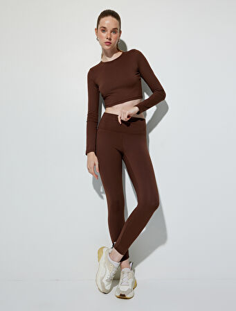 Crop Spor Tişört Bisiklet Yaka Uzun Kollu Yumuşak Tuşe Slim Fit