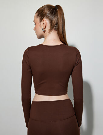 Crop Spor Tişört Bisiklet Yaka Uzun Kollu Yumuşak Tuşe Slim Fit