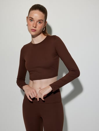Crop Spor Tişört Bisiklet Yaka Uzun Kollu Yumuşak Tuşe Slim Fit