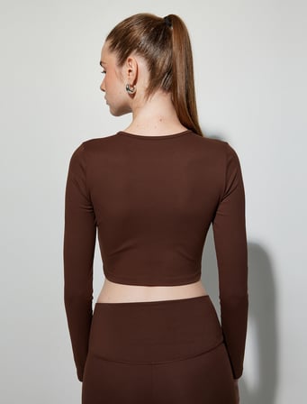 Crop Spor Tişört Bisiklet Yaka Uzun Kollu Yumuşak Tuşe Slim Fit