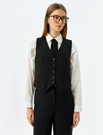 Krep Kumaş V Yaka Düğmeli Blazer Yelek