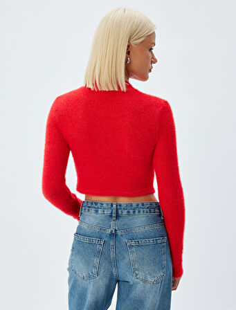 Crop Triko Kazak Uzun Kollu Yuvarlak Hafif Dik Yaka Slim Fit 