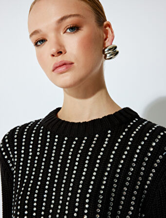 Uzun Kollu Bisiklet Yaka Taşlı Kazak