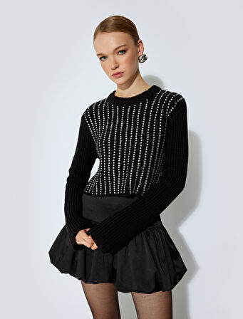 Uzun Kollu Bisiklet Yaka Taşlı Kazak