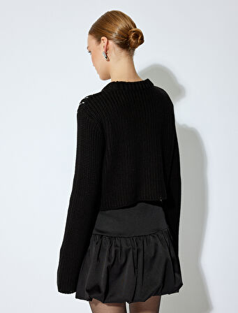 Uzun Kollu Bisiklet Yaka Taşlı Kazak