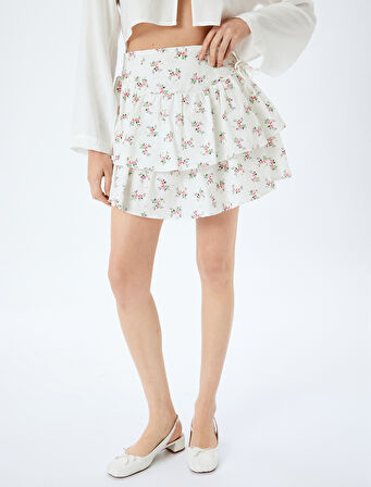 Volanlı Çiçekli Mini Şort Etek