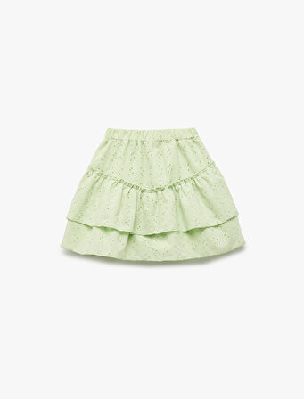 Beli Lastikli Pamuklu Kat Detaylı Brodeli Mini Etek