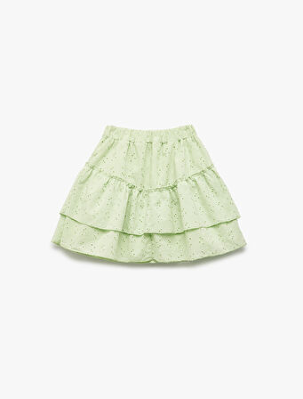 Beli Lastikli Pamuklu Kat Detaylı Brodeli Mini Etek