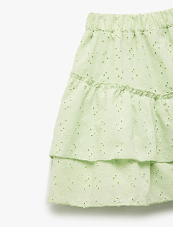 Beli Lastikli Pamuklu Kat Detaylı Brodeli Mini Etek