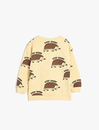 Sweatshirt Uzun Kollu Bisiklet Yaka Kirpi Baskılı Şardonlu Pamuklu