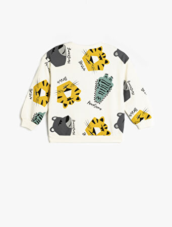 Sweatshirt Uzun Kollu Bisiklet Yaka Hayvanlar Baskılı Şardonlu Pamuklu