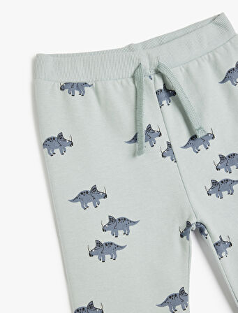 Dinozor Baskılı Beli Bağcıklı Pamuklu Şardonlu Jogger Eşofman Altı
