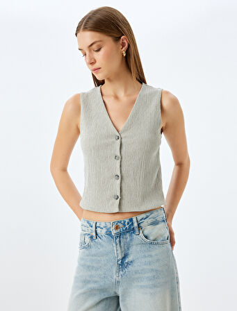 Dokulu Düğmeli V Yaka Yelek 