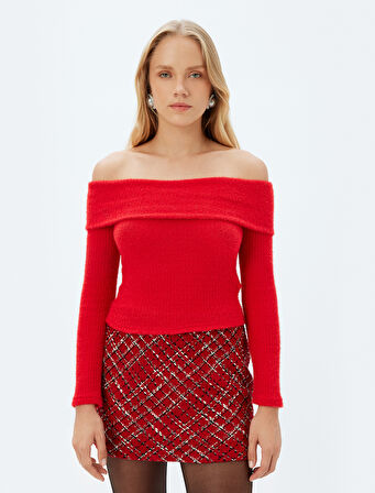 Koton X Sibil Çetinkaya - Slim Fit Uzun Kollu Omzu Açık Peluş Kazak