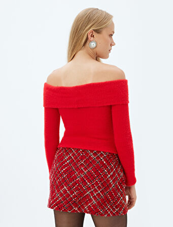 Koton X Sibil Çetinkaya - Slim Fit Uzun Kollu Omzu Açık Peluş Kazak