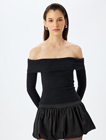 Koton X Sibil Çetinkaya - Slim Fit Uzun Kollu Omzu Açık Peluş Kazak