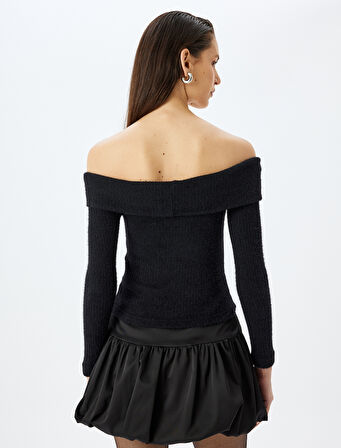 Koton X Sibil Çetinkaya - Slim Fit Uzun Kollu Omzu Açık Peluş Kazak