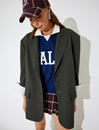 Koton X İnji - Oversize Düğmeli Vatkalı Cep Detaylı Blazer Shacket