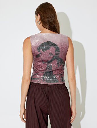 Koton X İnji - Kolsuz Pullu Payetli Slim Fit Desenli Atlet