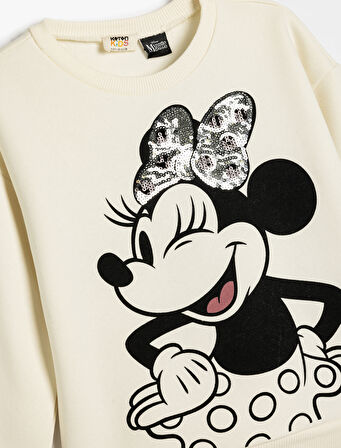 Minnie Mouse Sweatshirt Lisanslı Pullu Payetli Uzun Kollu Bisiklet Yaka Şardonlu