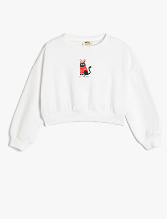 Yılbaşı Temalı Sweatshirt Uzun Kollu Kedi Baskılı Bisiklet Yaka