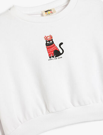 Yılbaşı Temalı Sweatshirt Uzun Kollu Kedi Baskılı Bisiklet Yaka