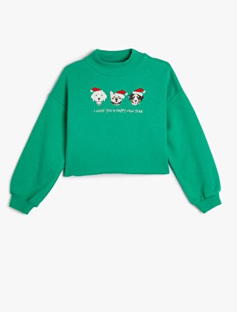 Sweatshirt Uzun Kollu Dik Yaka Yılbaşı Temalı Baskı Detaylı Pamuklu