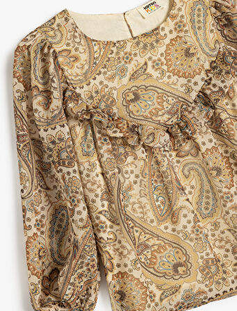 Fırfırlı Bluz Uzun Kollu Yuvarlak Yaka Manşetleri Lastikli