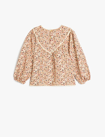 Çiçekli Uzun Kollu Bisiklet Yaka Viskon Bluz