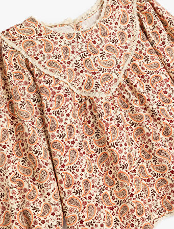 Çiçekli Uzun Kollu Bisiklet Yaka Viskon Bluz