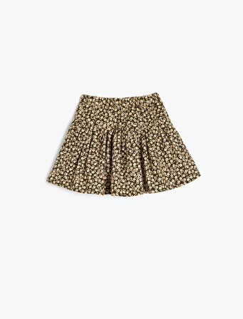 Pamuklu Pileli Çiçek Desenli Beli Lastikli Etek