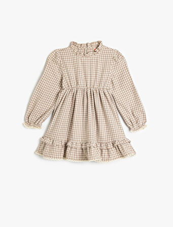 Ekoseli Fırfır Detaylı Hakim Yaka Pamuklu Midi Elbise