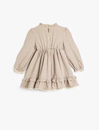 Ekoseli Fırfır Detaylı Hakim Yaka Pamuklu Midi Elbise