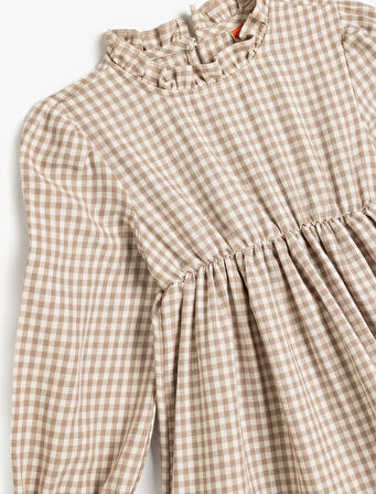 Ekoseli Fırfır Detaylı Hakim Yaka Pamuklu Midi Elbise