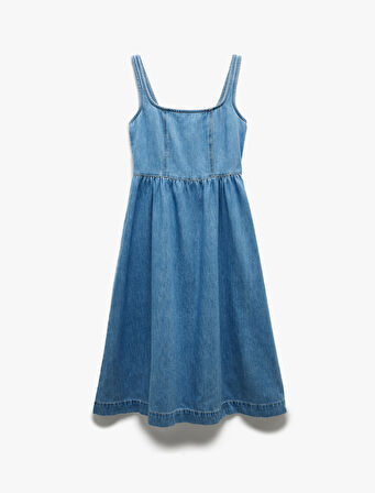 Pamuklu Kalın Askılı Fermuarlı Kare Yaka Denim Midi Elbise
