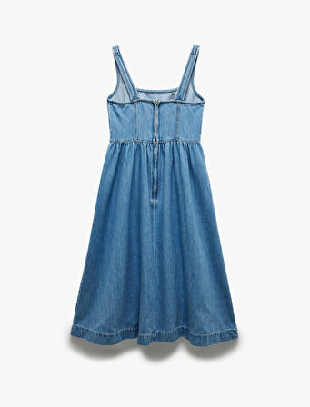 Pamuklu Kalın Askılı Fermuarlı Kare Yaka Denim Midi Elbise