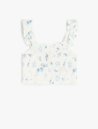 Pamuklu Kare Yaka Fırfır Detaylı Çiçek Desenli Crop Bluz