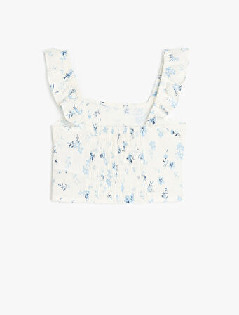 Pamuklu Kare Yaka Fırfır Detaylı Çiçek Desenli Crop Bluz