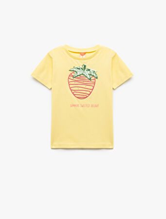 Bisiklet Yaka Pamuklu Pullu İşlemeli Kısa Kollu Tişört