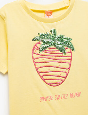 Bisiklet Yaka Pamuklu Pullu İşlemeli Kısa Kollu Tişört