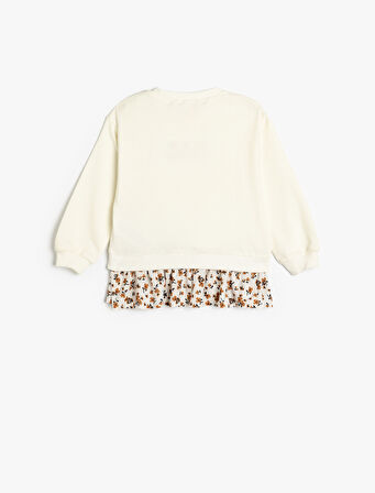 Sweatshirt Çiçek Baskılı Uzun Kollu Bisiklet Yaka Pamuklu Şardonlu
