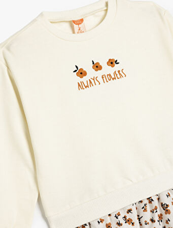 Sweatshirt Çiçek Baskılı Uzun Kollu Bisiklet Yaka Pamuklu Şardonlu